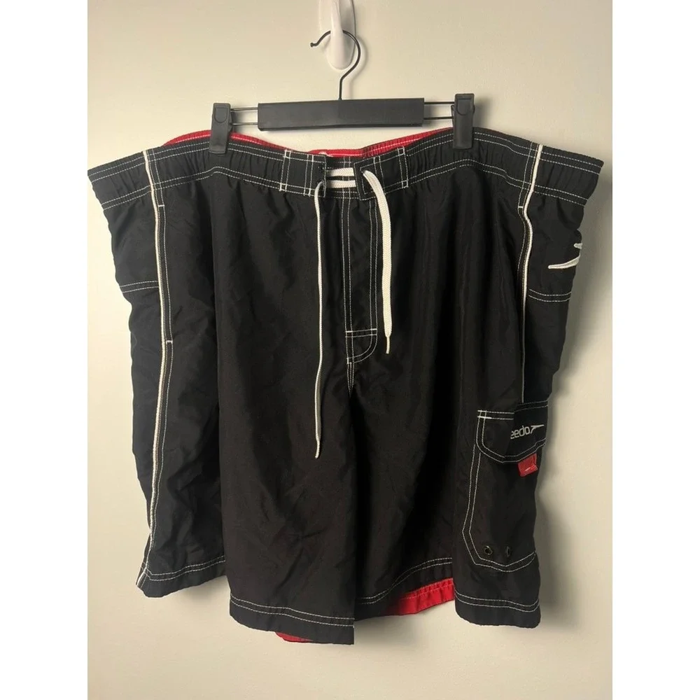 Speedo‎ Swim Trunks Mens XXL Black Cargo Pocket Contrast Stitch Board Shorts